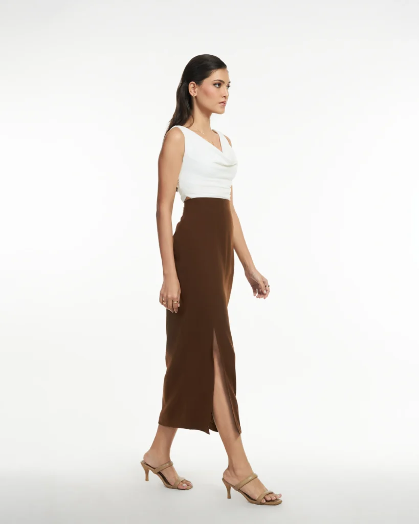 chocolate brown body-skimming skirt women India — Neuf Cinnamon Slit skirt for office